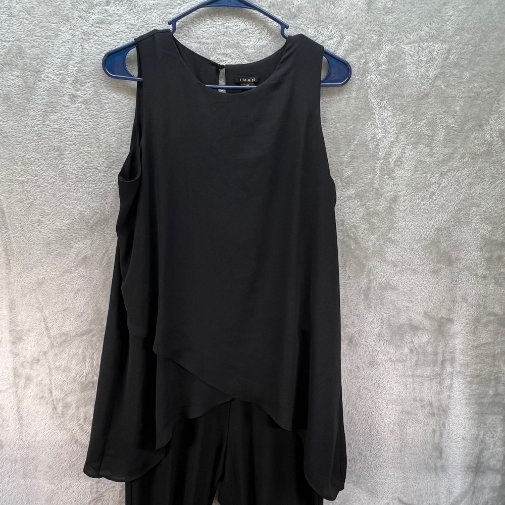 IMAN M Black Sleeveless Layered Asymmetrical Overlay Jumpsuit Coctail Fluid Chic